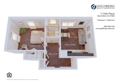 Floor plan for 1 bed, 1 bath, 577 sqft